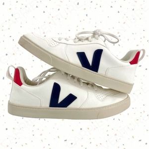 Veja KIDS V-10 White Blue Red Coated Organic Cotton Vegan Faux Leather Sneakers